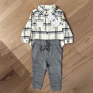 Splendid Cream and Black Plaid Shirt with Gray Pants